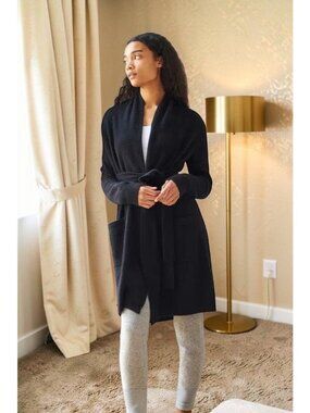 White + Warren 100% Cashmere Short Robe- Black SIZE Large New With Tags